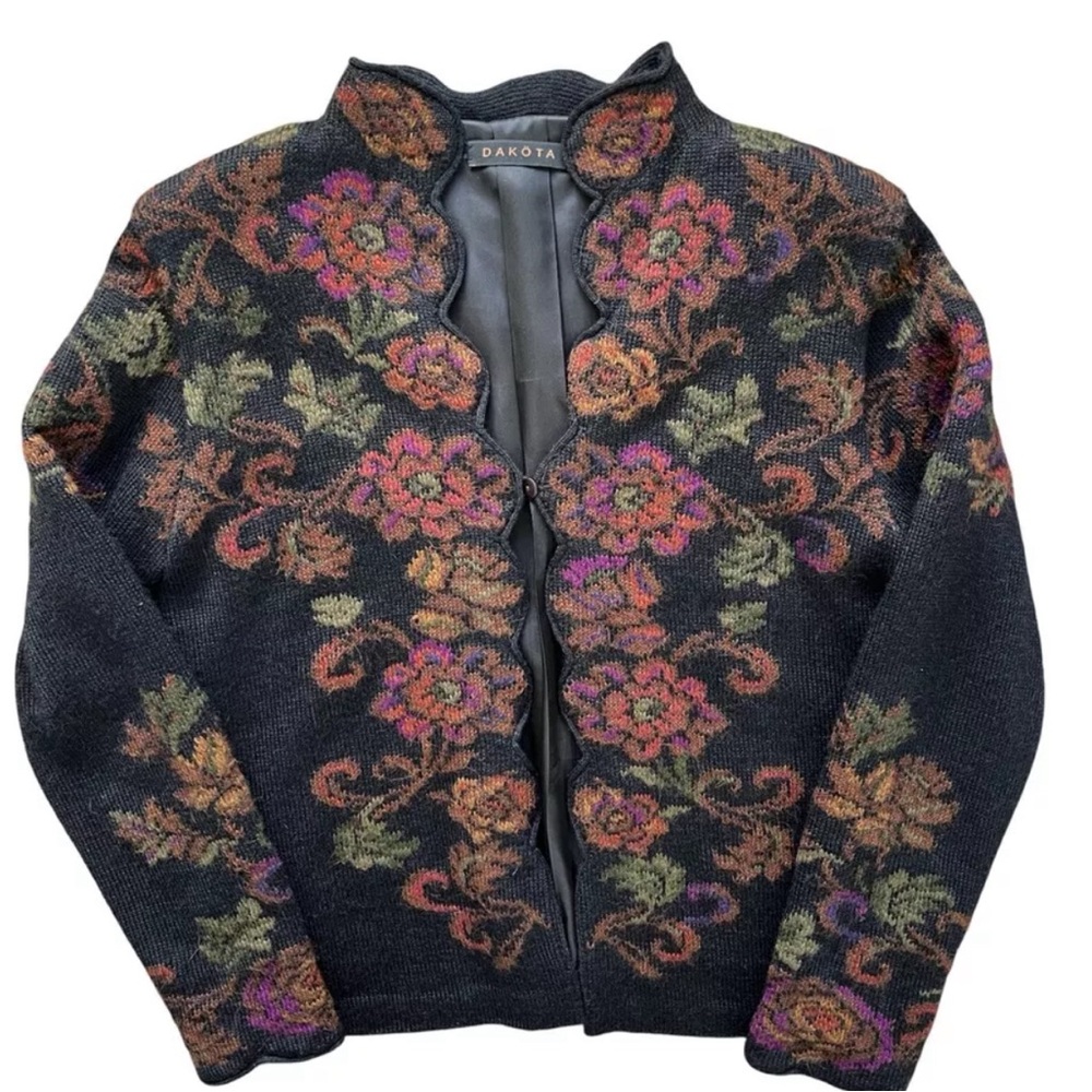 Vintage Dakota Alpaca Hand Loomed Black Cardigan Sweater Floral Size Large Women